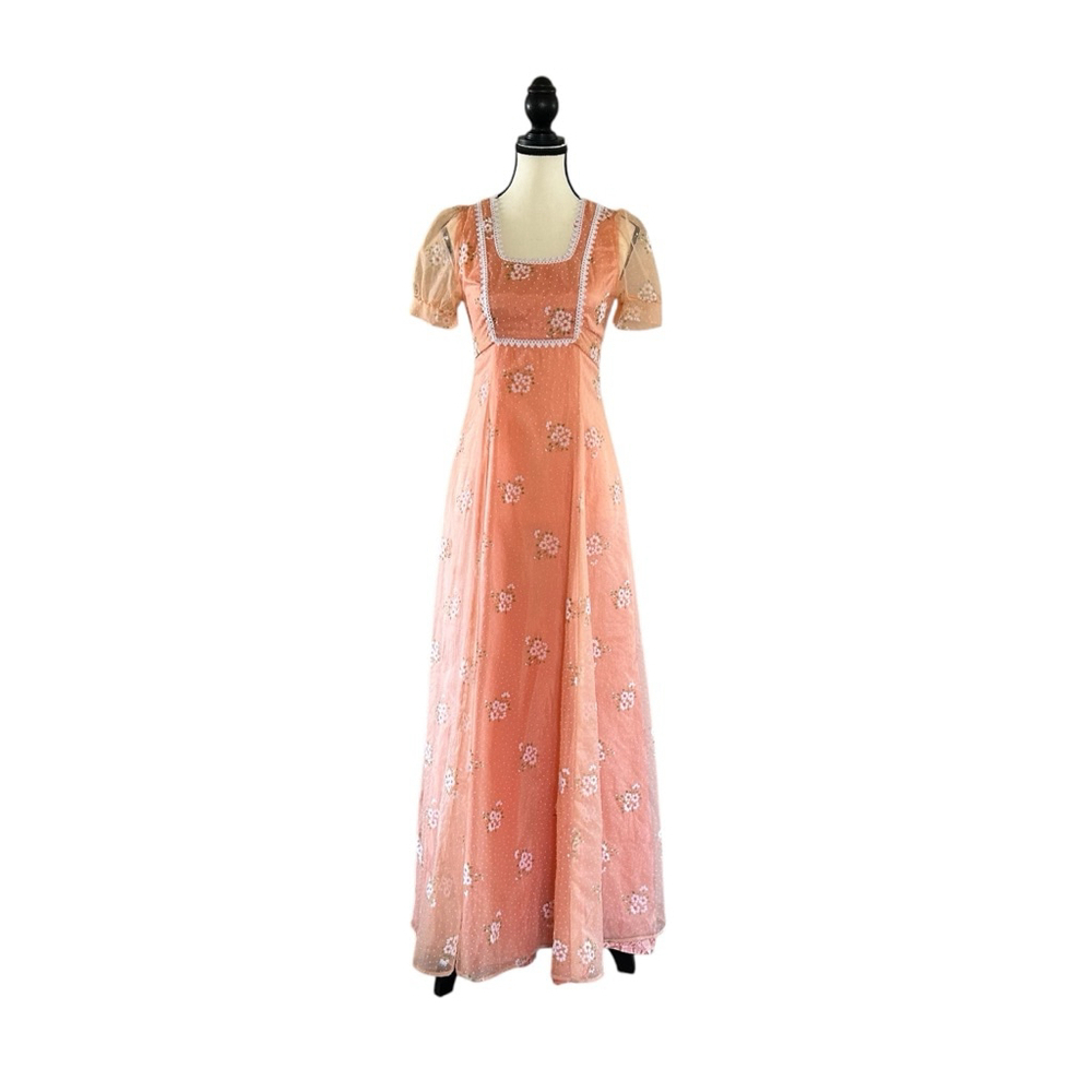 Vintage 70’s Flowy Floral Peach Nancy G Maxi Dress Fairycore Whimsy Trad-Wife